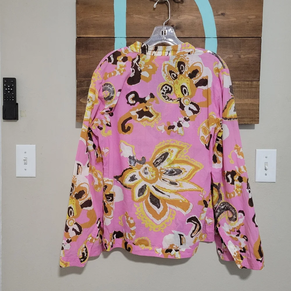 Tory Burch Floral Pink Sequence Long Sleeve Tunic Top Cover Up Lightweight Large
